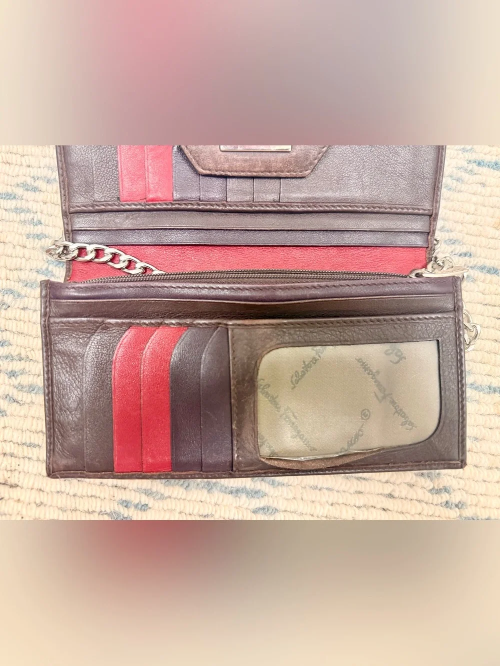 FERRAGAMO Vintage Y2K Red Monogram Embossed Leather 2-Tone Wallet W/ Chain